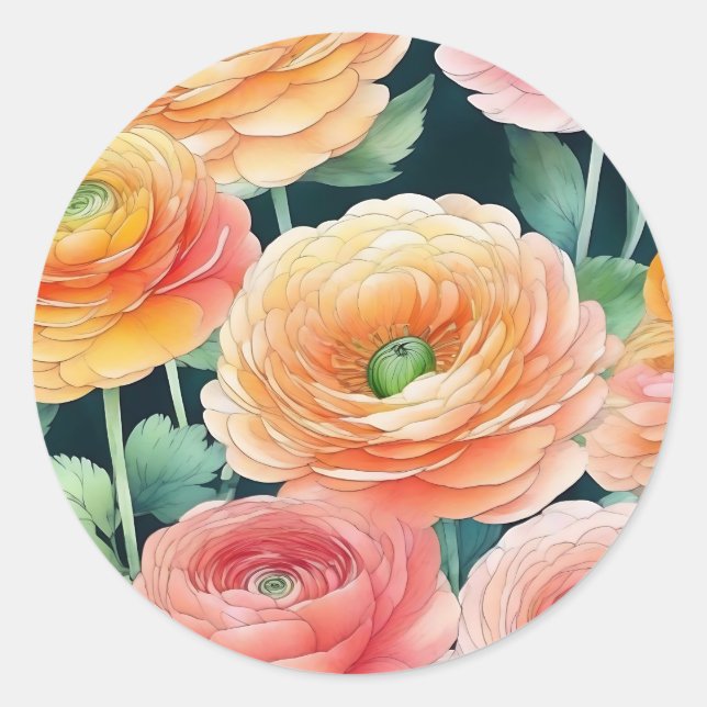 Feine Ranunculus Blume Wasserfarbe Runder Aufkleber (Vorderseite)