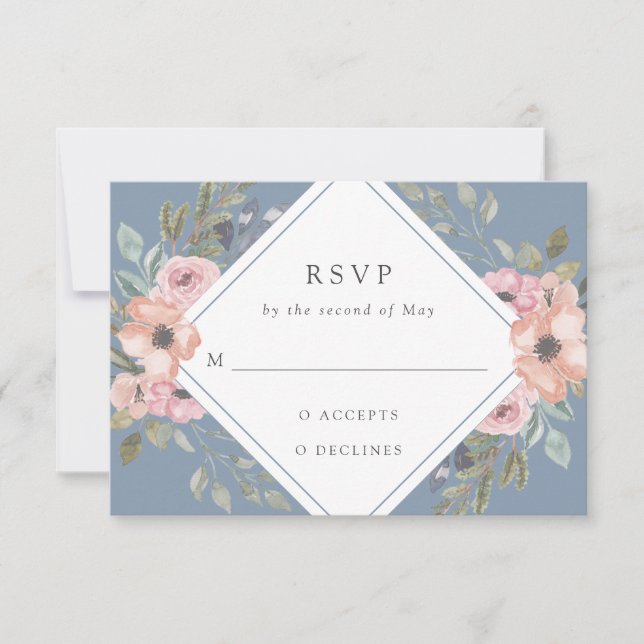 Feine Rose | Dusty Blue Wedding RSVP Karte (Vorderseite)