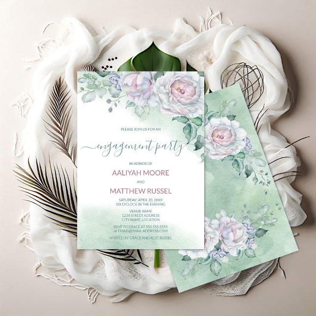 Feine Rose-Party für Wasserfarben Einladung (Elegant watercolor rose engagement party invitation front and back view.)
