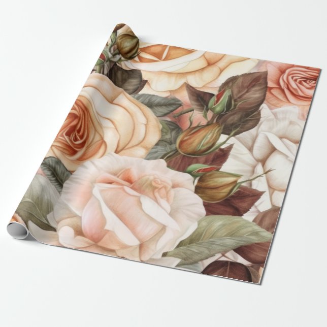 Feine Vintage Pfirsich und Rosen Geschenkpapier (Ungerollt)