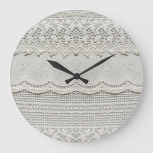Feine weiße Spitze, Textil Nahaufnahme. Große Wanduhr