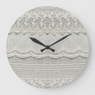 Feine weiße Spitze, Textil Nahaufnahme. Große Wanduhr