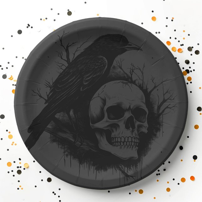 Feiner Schädel und Krähe schwarz graues Halloween Pappteller (Subtle skull and crow black gray Halloween Paper Plates)