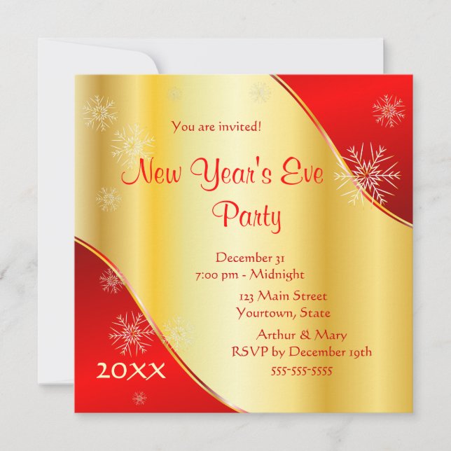 Feines Silvesterabend-Party 2022 auf Gold und Rot Einladung (Vorderseite)