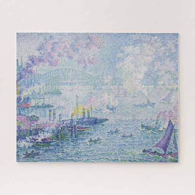 Feinmalerei Meereshafen Schiffe Brücke Hellblau Puzzle (Horizontal)