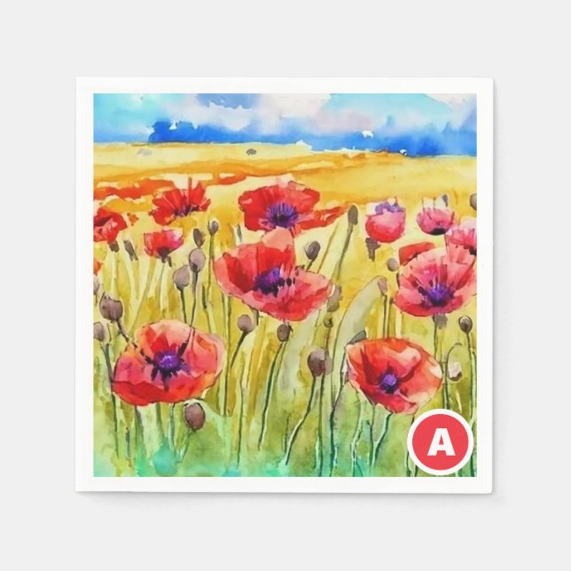 Feld der hellen Scharlachroten Poppies Aquarell Serviette (Vorderseite)