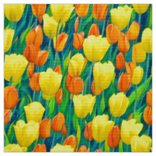 Feld der orangen und gelben Tulpen Stoff