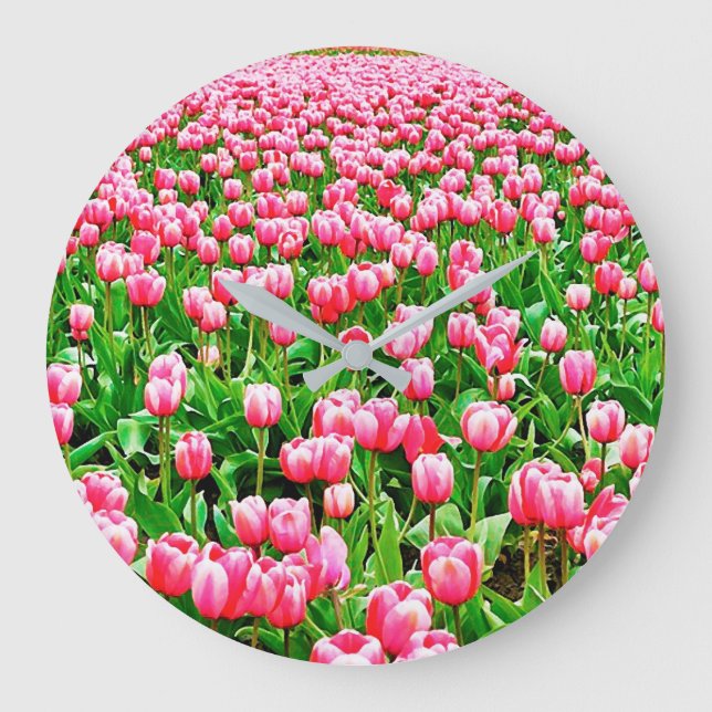 Feld der rosa Tulipen Große Wanduhr (Vorderseite)