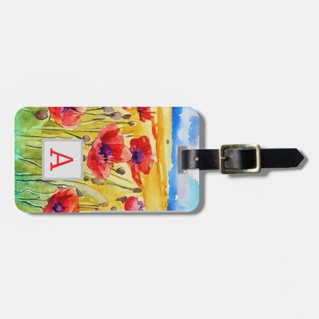 Feld der roten Mohn-Blume Aquarell Gepäckanhänger (Vorderseite horizontal)