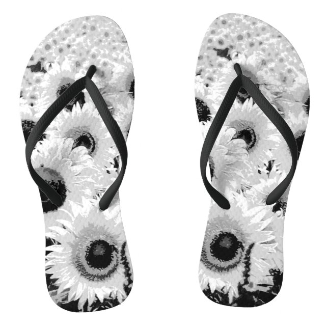 Feld der Sonnenblumen - schwarz, weiß und grau Flip Flops (Fußbett)