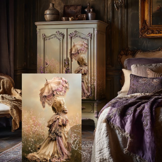 Feld der Träume, Frau und Parasol, trostloses Viol Seidenpapier (Field of Dreams, Woman & a Parasol, Ethereal Floral, Violet Beige, Decoupage Tissue. )
