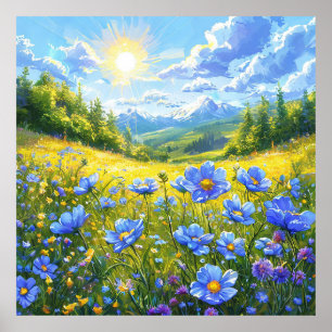 Feld mit blauen Blumen Poster