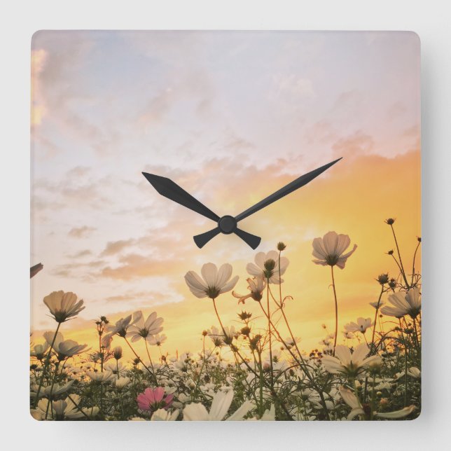 Feld mit Blume Quadratische Wanduhr (Vorderseite)