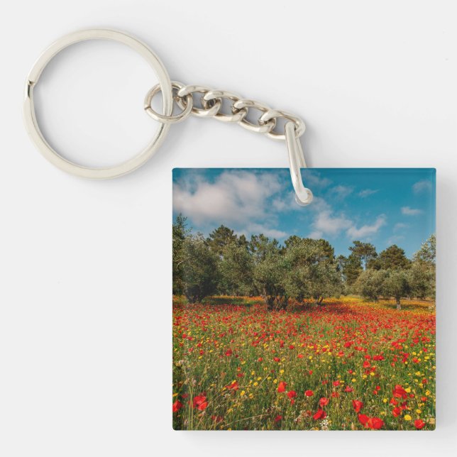 Feld mit Blume und Bäumen Schlüsselanhänger (Vorderseite)