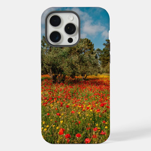 Feld mit Blumen und Bäumen iPhone Hülle (Rückseite)