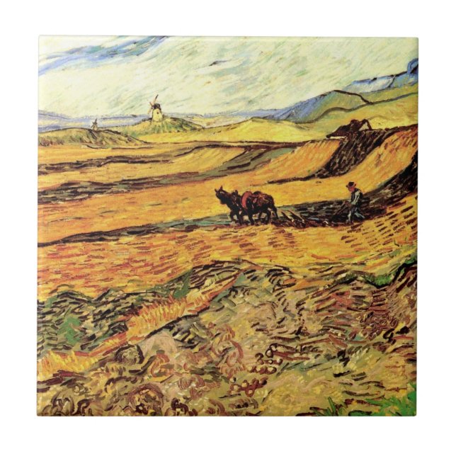 Feld mit Plowman und Mill von Vincent van Gogh Fliese (Vorderseite)
