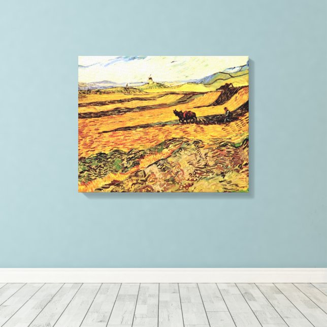 Feld mit Plowman und Mill von Vincent van Gogh Leinwanddruck (Insitu (Holzboden))