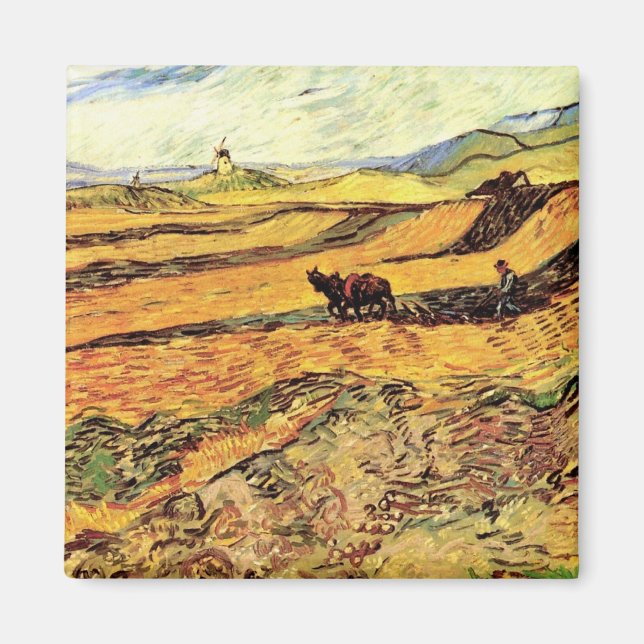 Feld mit Plowman und Mill von Vincent van Gogh Magnet (Vorne)