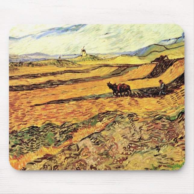 Feld mit Plowman und Mill von Vincent van Gogh Mousepad (Vorne)