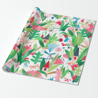 Felder von Blume und Pflanze mit kleinen Häusern,  Geschenkpapier