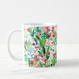 Felder von Blume und Pflanze mit kleinen Häusern, Kaffeetasse