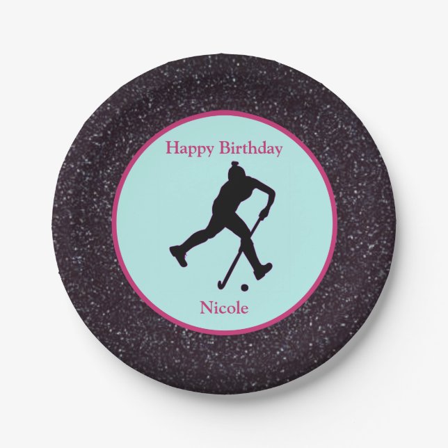 Feldhockey "Happy Birthday" Sparkle Papierplatte Pappteller (Vorderseite)