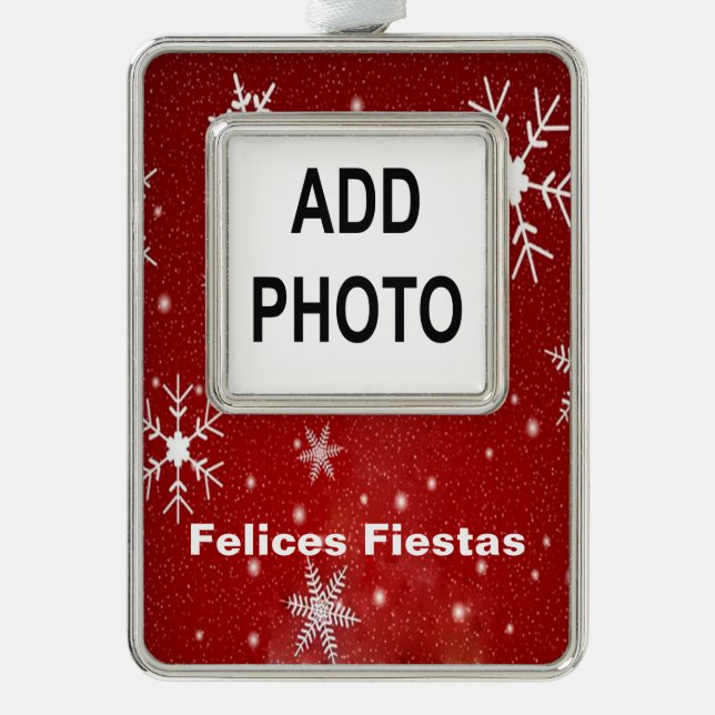 Felices Fiestas Schneeflocken & Gerahmte Rote Orna Rahmen-Ornament Silber (Vorderseite)