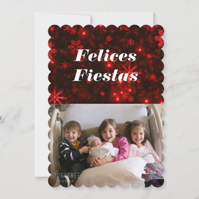 Felices Fiestas Schneeflocken mit Deep Red Flat Ca Einladung (Vorderseite)
