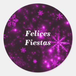 Felices Fiestas Snowflakes Lila Round Stickers