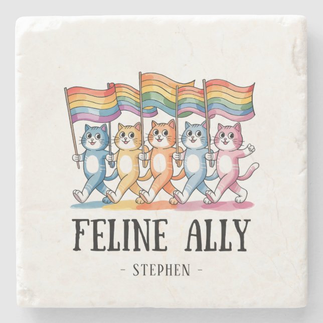 Feline Ally - Rainbow Cat LGBTQ Pride Steinuntersetzer (Vorderseite)