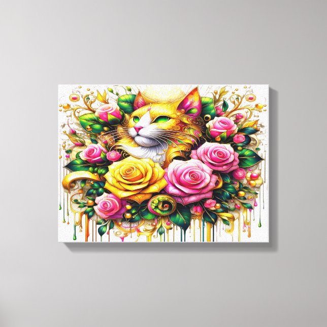 Feline Amidst ein lebendiger Blumenblut 16x12 Leinwanddruck (Vorderseite)