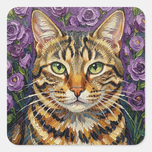 Feline and Floral | Cute Artistic Gray Tabby Cat Quadratischer Aufkleber (Vorderseite)