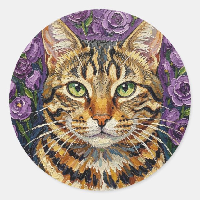 Feline and Floral | Cute Artistic Gray Tabby Cat Runder Aufkleber (Vorderseite)