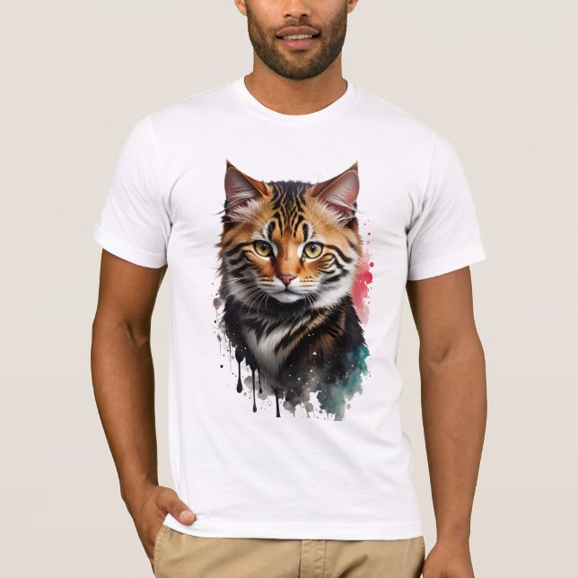 Feline Beige Tiger Striped Cat Watercolor Splash T-Shirt (Vorderseite)