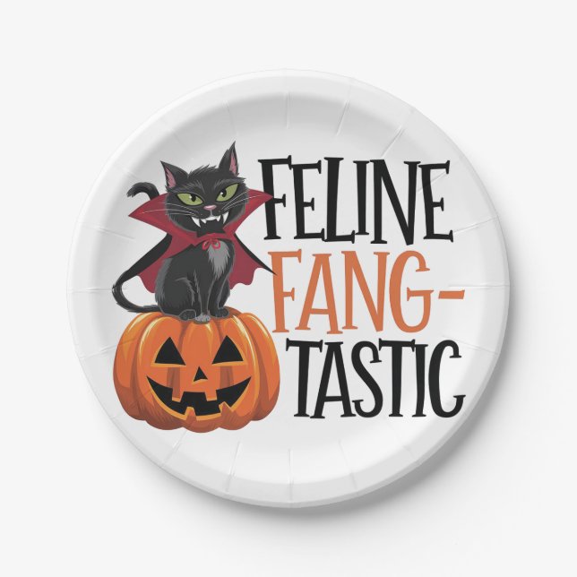 Feline Fang-tastisches Halloween Vampire Cat Desig Pappteller (Vorderseite)