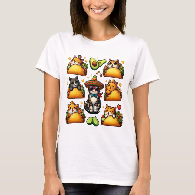 Feline Fiesta: Katzen und Tacos T-Shirt (Vorderseite)