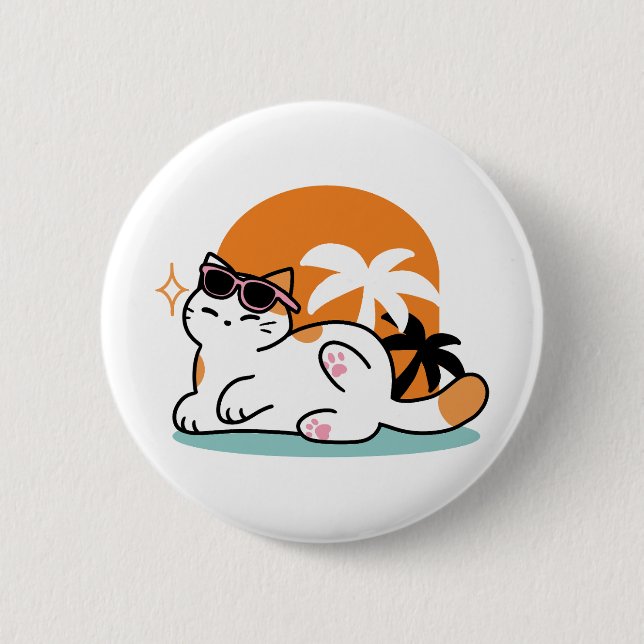 Feline Fine in the Sunshine - Entspannte Tropenkat Button (Vorderseite)