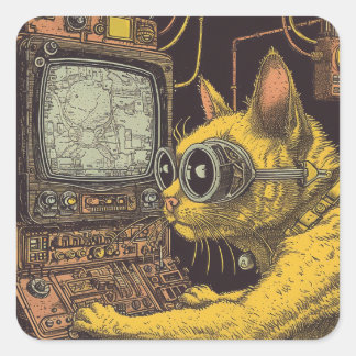 Feline Future: Cyberpunk Cat Fantasy Quadratischer Aufkleber