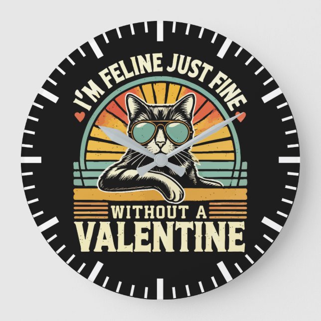 Feline Geldbuße ohne Valentine Cat Anti-Valentine Große Wanduhr (Vorderseite)