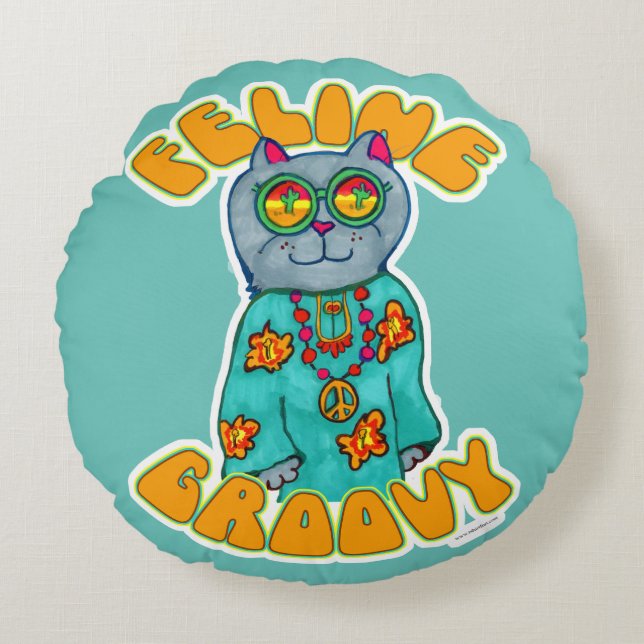 Feline Groovy Hippie Cat Marker Design Rundes Kissen (Vorderseite)