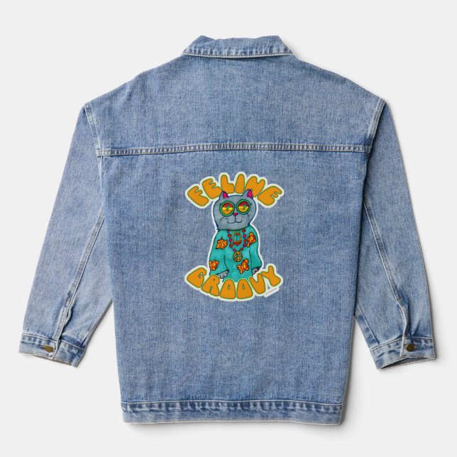 Feline Groovy Hippie Epic Fun Cat Cartoon Jeansjacke (Rückseite)