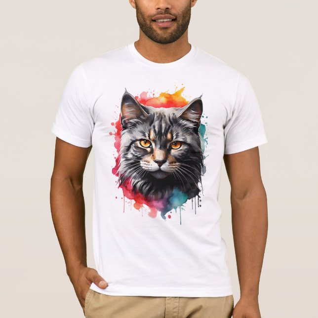 Feline Kitty Gray Tiger Striped Cat Wasserfarbe Ku T-Shirt (Vorderseite)