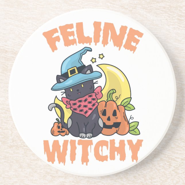 Feline Witchy Funny Spooky Halloween Cat Kitten Getränkeuntersetzer (Vorne)