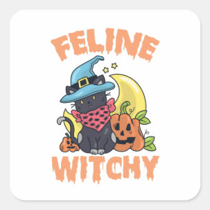 Feline Witchy Funny Spooky Halloween Cat Kitten Quadratischer Aufkleber