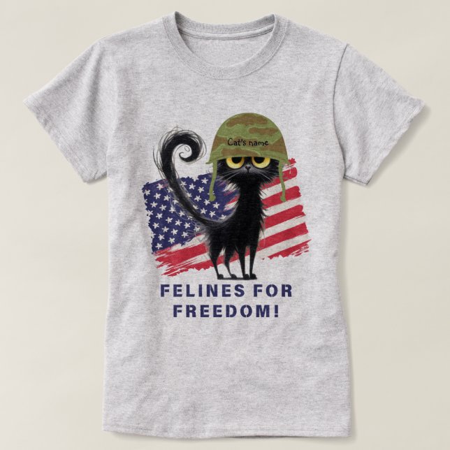 FELINEN FÜR FREIHEIT, Patriotische Katze in Armeeh T-Shirt (Design vorne)