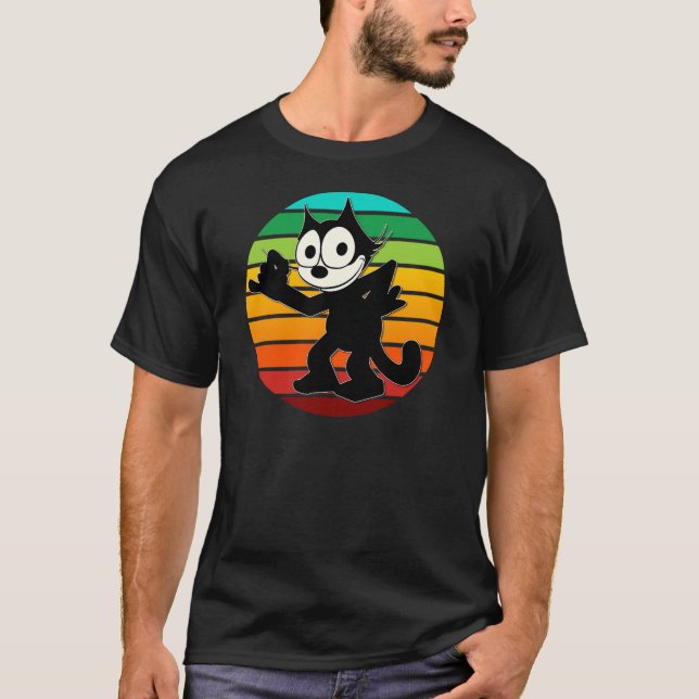 Felix Cartoon Cat Retro Rainbow Sunset Sly Smiling T-Shirt (Vorderseite)