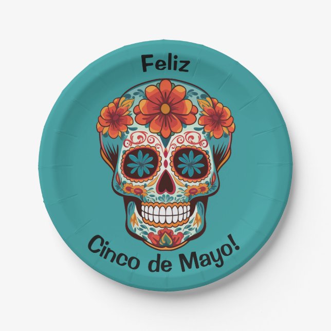 Feliz Cinco de Mayo! Zuckerschädel Pappteller (Vorderseite)