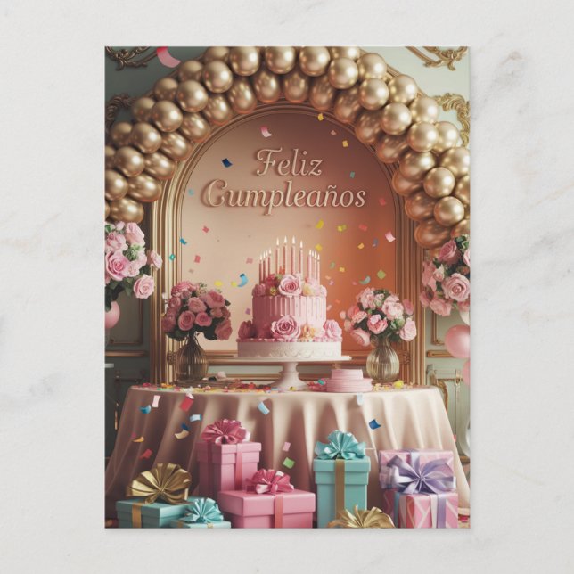 “Feliz Cumpleaños” Elegant Pink & Gold Birthday Postkarte (Vorderseite)