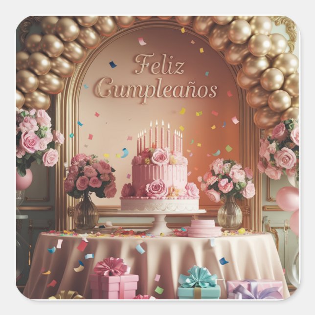 “Feliz Cumpleaños” Elegant Pink & Gold Birthday  Quadratischer Aufkleber (Vorderseite)