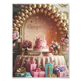 „Feliz Cumpleaños“ Elegante rosa und goldene Gebur Fotodruck